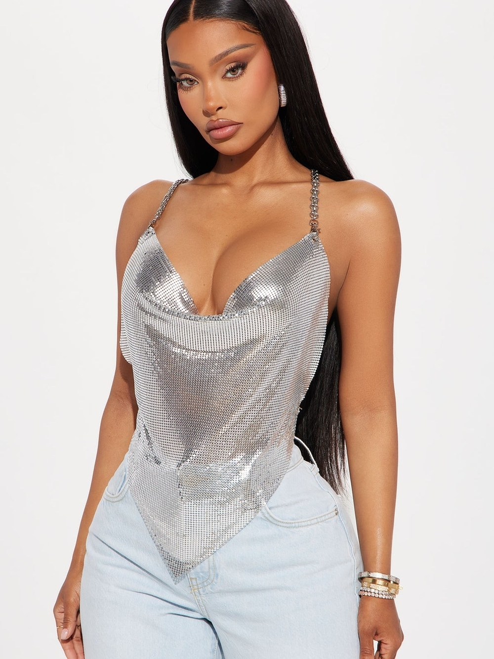 Fashion Nova Silver Chain-Strap Cowl Hem Camisole